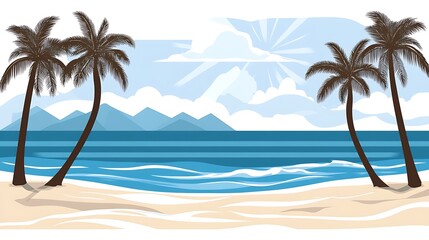 Beach scenery with palm trees, waves, and mountains