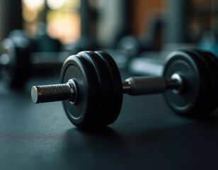Shiny Dumbbell on Gym Background: Focus on Fitness and Workout