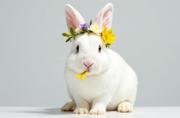 Adorable cute bunny with a wreath of flowers on his head eats a flower. Foreground. Light background. Happy Easter concept and idea