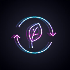 Glowing neon line Recycle symbol with leaf icon isolated on black background. Circular arrow icon. Environment recyclable go green. Vector