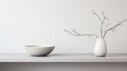 Minimalist Elegance: A serene composition, a delicate sprig of flora in a minimalist vase, harmonizing with a sleek, empty bowl, arranged on a clean shelf, exuding tranquil aesthetic.