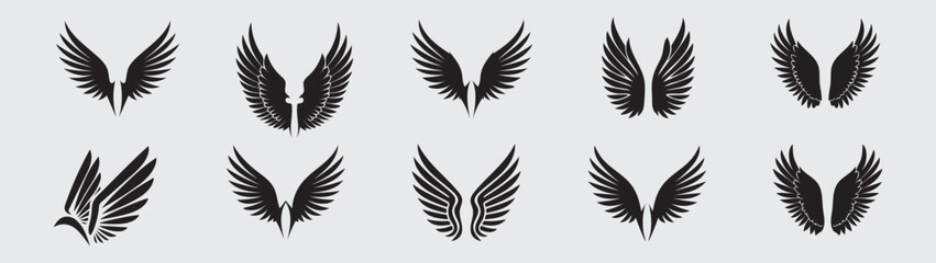 Elegant Black Wing Silhouettes: Angelic, Bird, and Fantasy-Inspired Wing Designs for Logos and Tattoos