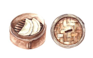 Hand drawn watercolor food illustration. Asian cuisine dish. Dumplings in the steamer with a lid. Food sketches for menu background.