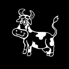 Vector black and white cartoon style image - cows on a black background