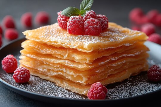 Stack of thin pancakes topped with fresh raspberries and powdered sugar on a plate