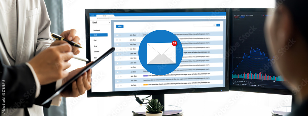 Poster email notification message showing on computer screen brisk. digital marketing message information t