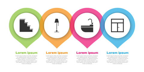 Set Staircase, Floor lamp, Washbasin with water tap and Window in the room. Business infographic template. Vector
