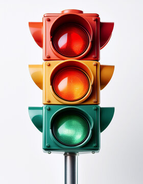 Close-up de un semaforo de trafico y seguridad vial con luces de color verde rojo y amarillo aislado sobre fondo blanco