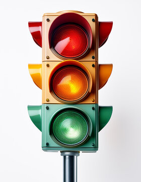 Close-up de un semaforo de trafico con luces verde roja y amarilla aislado sobre fondo blanco