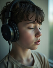 Young Boy Immersed in Music with Headphones at Sunset