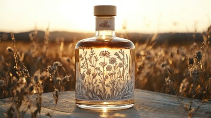 Floral, amber liquid in a bottle, bathed in golden light, amidst a field of dried grasses