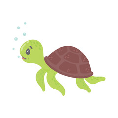 Cartoon-style sea turtle, digital art illustration. Vector illustration of a cute sea turtle swimming underwater.