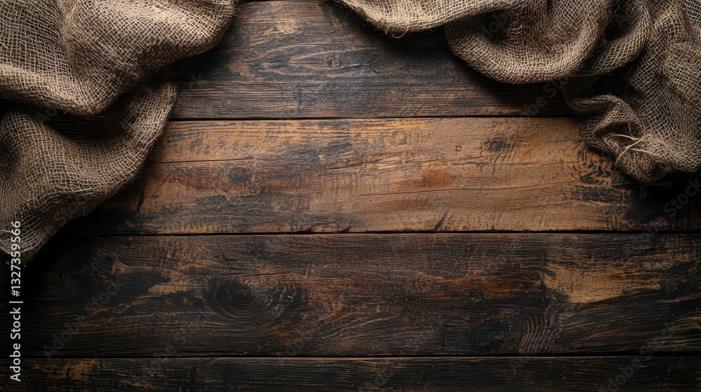 Wall mural rustic table: a high-angle shot of a rustic wooden table with a textured fabric draped across its ed