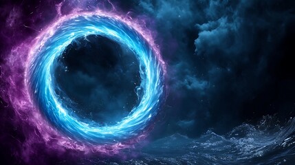 Cosmic Swirl of Blue Energy and Purple Nebula in a Starry Dark Sky