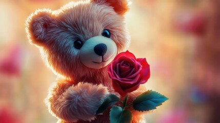 Fototapeta premium Teddy bear with a red rose. Selective focus.