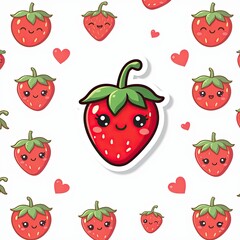 Cute Cartoon Strawberry Character with Smiling Face and Green Leaves