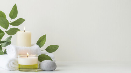 Minimalist spa setup with candles, stones, and fresh leaves for relaxation