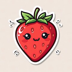Obraz premium Cute Cartoon Strawberry Character with Smiling Face and Green Leaves