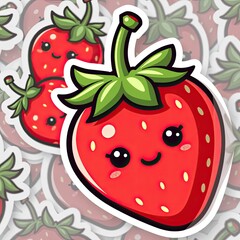 Obraz premium Cute Cartoon Strawberry Character with Smiling Face and Green Leaves