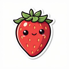 Obraz premium Cute Cartoon Strawberry Character with Smiling Face and Green Leaves