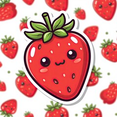 Obraz premium Cute Cartoon Strawberry Character with Smiling Face and Green Leaves