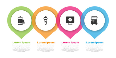 Set Camera roll cartridge, Microphone, Online play video and Retro typewriter. Business infographic template. Vector