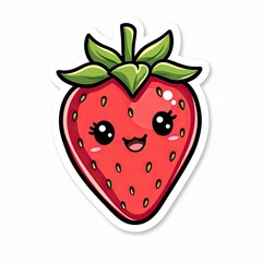 Obraz premium Cute Cartoon Strawberry Character with Smiling Face and Green Leaves