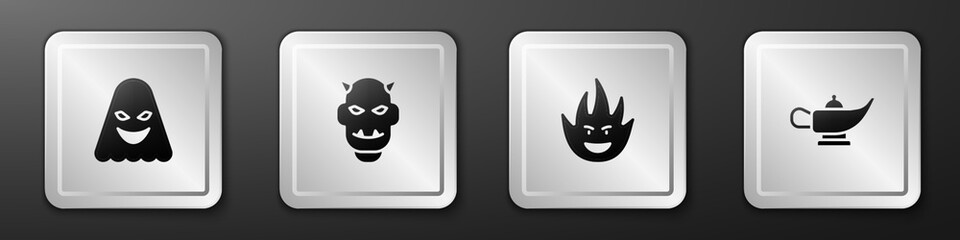 Set Ghost, Mask of the devil with horns, Fire flame and Magic lamp Aladdin icon. Silver square button. Vector