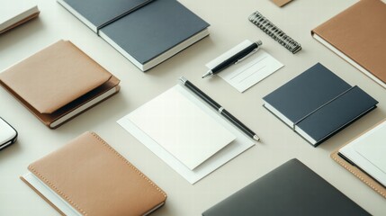 Stationery Grid: A curated arrangement of stationery items, including notebooks and pens, showcasing the tools of productivity and creative expression.
