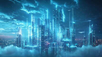 Cityscape of Tomorrow: A futuristic cityscape emerges, bathed in a ethereal glow. the skyline and buildings seamlessly blended in an impressive display of architectural wonder.