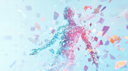 Fragmentation and Fusion: This image portrays a human figure composed of fragmented, colorful shards, seemingly dissolving into a luminous background.