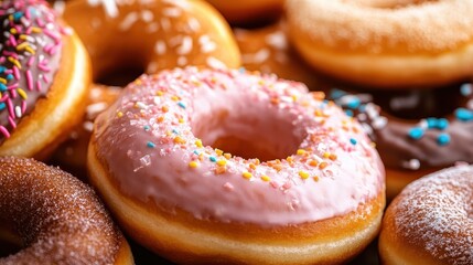 A vibrant display of assorted donuts, featuring pink frosting, sprinkles, and various textures, perfect for dessert lovers and sweet treat enthusiasts alike.