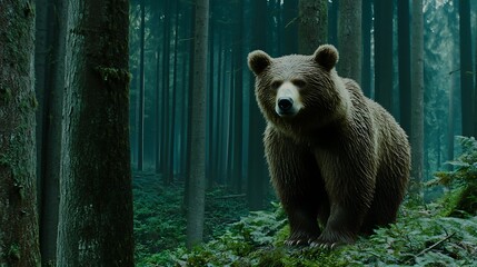 Fototapeta premium Bear stands, alert, in a green wooded forest