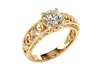 Yellow gold ring with diamond set in a white engagement solitaire style isolated on white background PNG,AI GENERATED