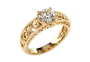 Yellow gold ring with diamond set in a white engagement solitaire style isolated on white background PNG,AI GENERATED