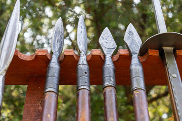 Iron spearheads of various shapes with wooden handles