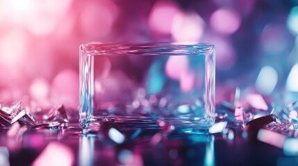 A mesmerizing crystal rectangular shape sits amidst shimmering shards, creating an interplay of light and color, evoking a sense of beauty and reflection in the abstract.