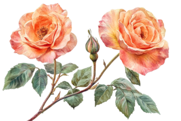 Beautiful peach roses blooming with delicate leaves