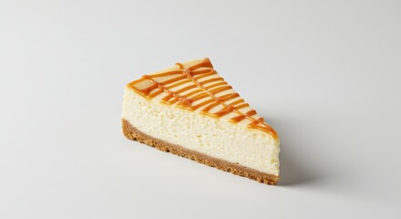 Serving Piece of Caramel Cheesecake with Graham Cracker Crust on White