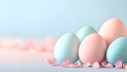 Colorful pastel Easter eggs arranged with soft petals on a light background, creating a serene and festive atmosphere. Concept Easter Egg Arrangement, Pastel Colors, Serene Background, Festive Decor