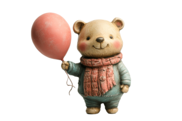Cute bear holding a pink balloon on transparent background