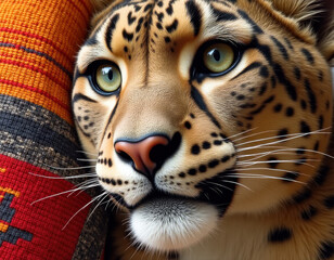 Close-Up of Leopard Resting Against Colorful Textile