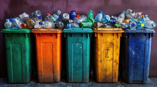 Overfilled Colorful Recycling Bins Overflowing with Plastic Bottles and Containers for Waste Disposal and Environmental Recycling