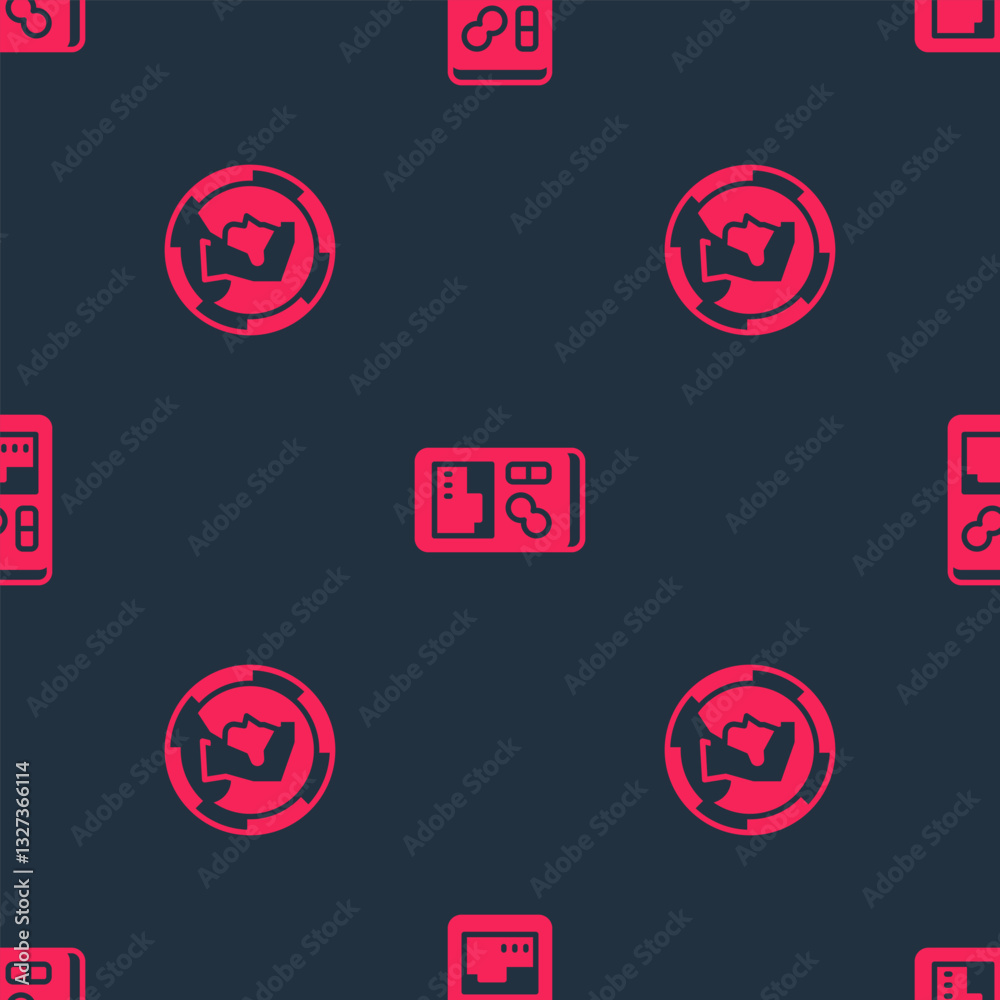 Poster set ancient coin and portable video game console on seamless pattern. vector