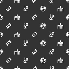 Set Ancient coin, Hairbrush, Cinema ticket and Earrings on seamless pattern. Vector