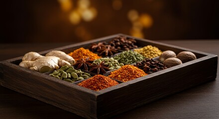 Aromatic Spice and Herb Collection in Wooden Box - A curated selection of spices and herbs in a rustic wooden box, representing culinary diversity, flavor, warmth, and global cuisine