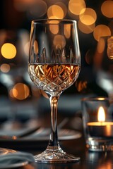 Elegant glass of wine on a beautifully set table with warm bokeh lights, creating a cozy atmosphere.