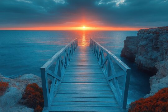 Ocean sunset view from wooden bridge leading towards radiant horizon and cloudy skies