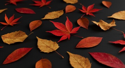 Fototapeta premium Autumn Leaves Collection Dark Background - A serene autumn scene featuring scattered red and gold leaves on a dark background. Symbolizing change, transition, beauty, nature, and the season's end