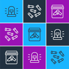 Set line Flasher siren, Evidence bag with gun and Bullet icon. Vector
